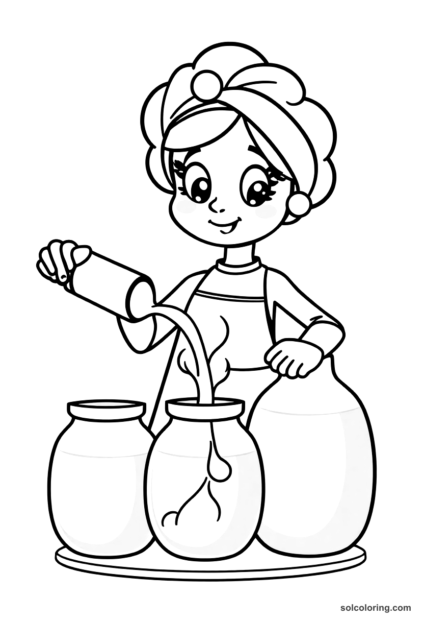 Cute Cartoon Morgiana pouring boiling oil into the jars coloring page, free printable cute cartoon style