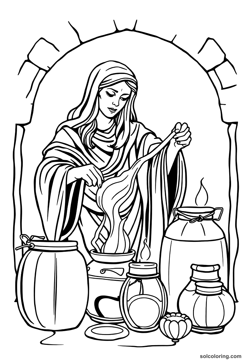 Morgiana pouring boiling oil into the jars coloring page, free printable detailed style