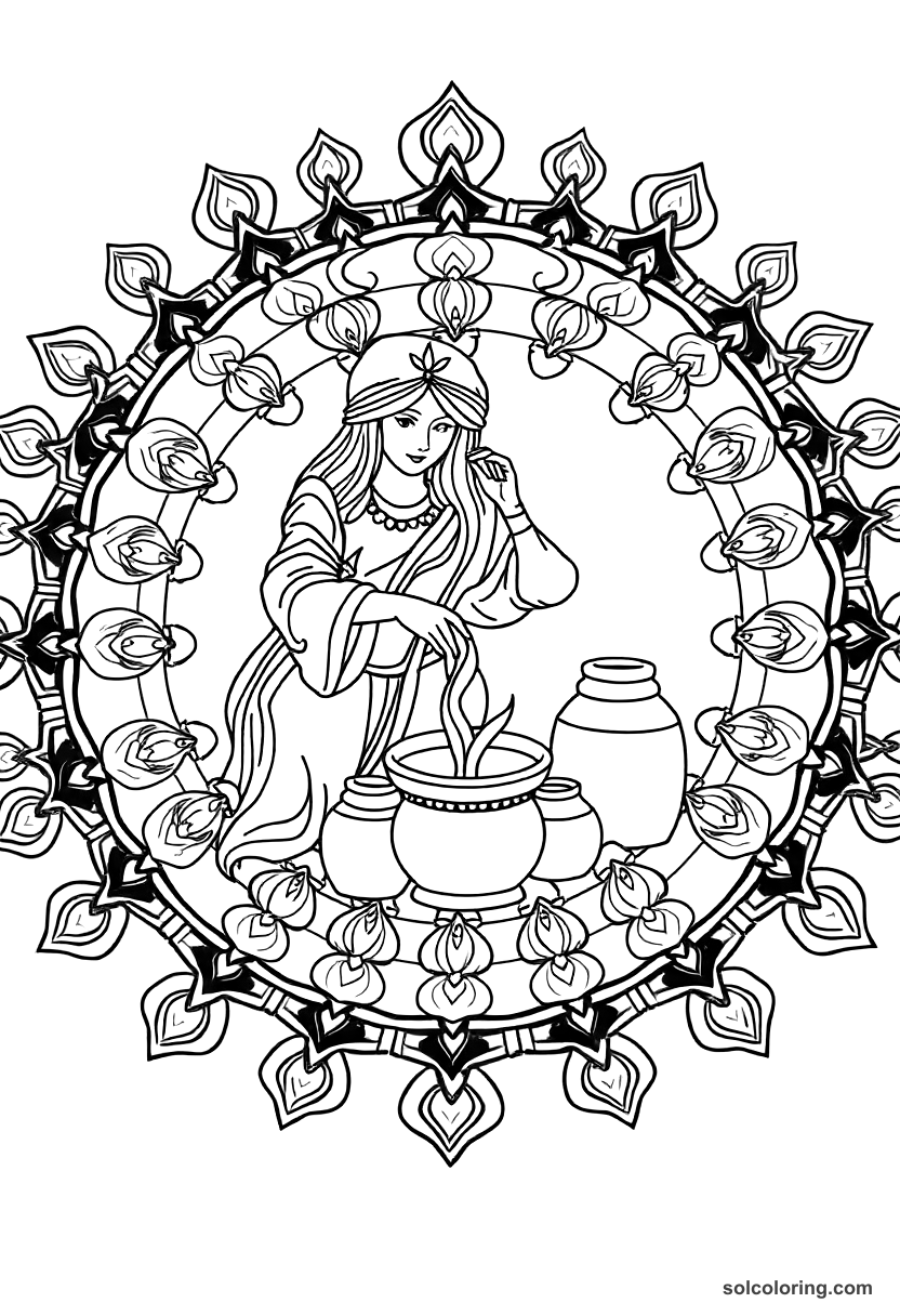 Mandala Morgiana pouring boiling oil into the jars coloring page, free printable mandala style