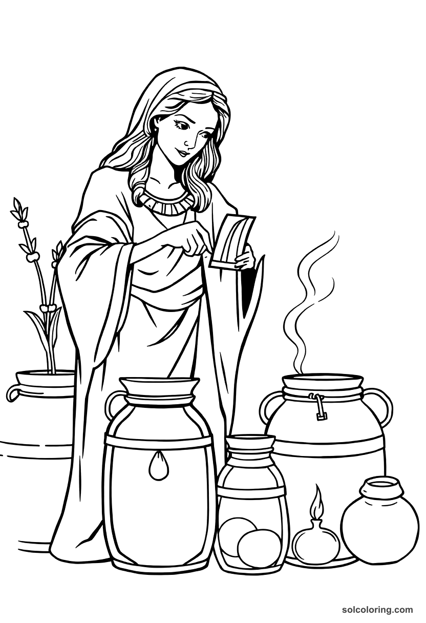 Morgiana Pouring Boiling Oil Into The Jars coloring pages