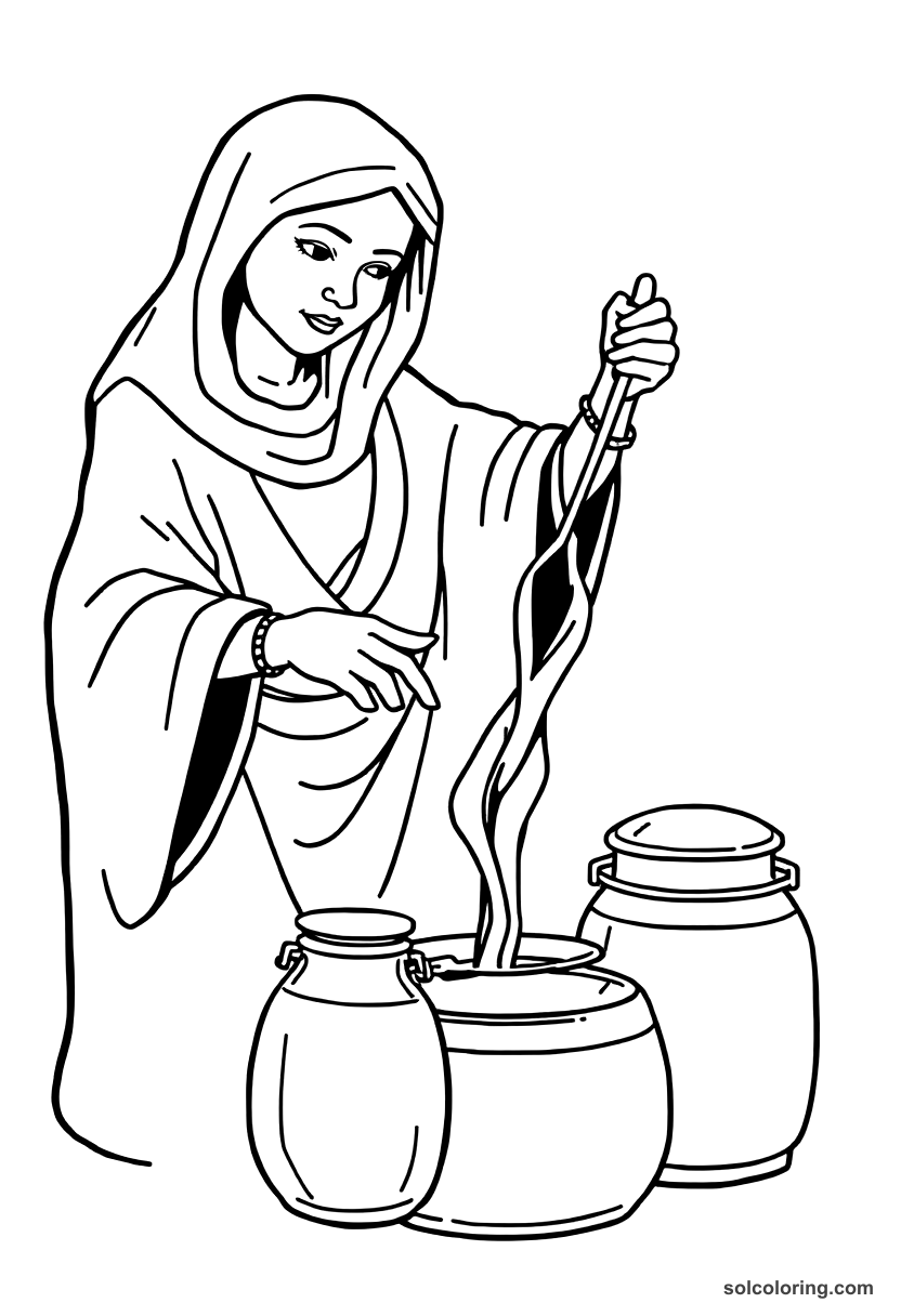 Simple Morgiana pouring boiling oil into the jars coloring page, free printable simple style