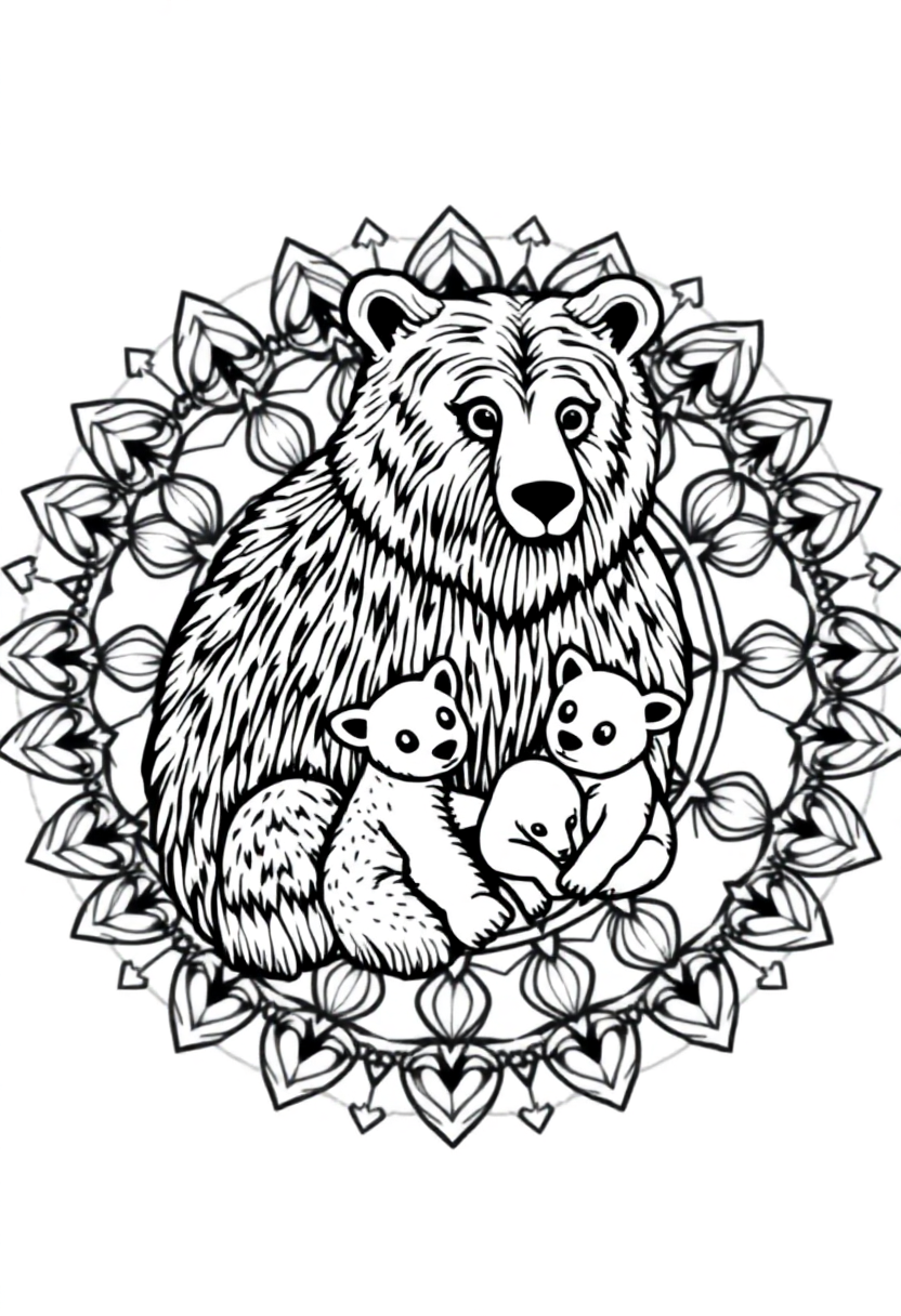 Mother Bear with Cubs coloring page, free printable standard style for kids and adults