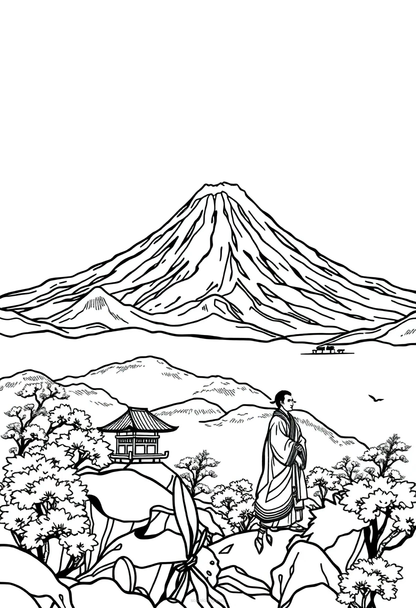 Mount Fuji Landscape coloring page for kids