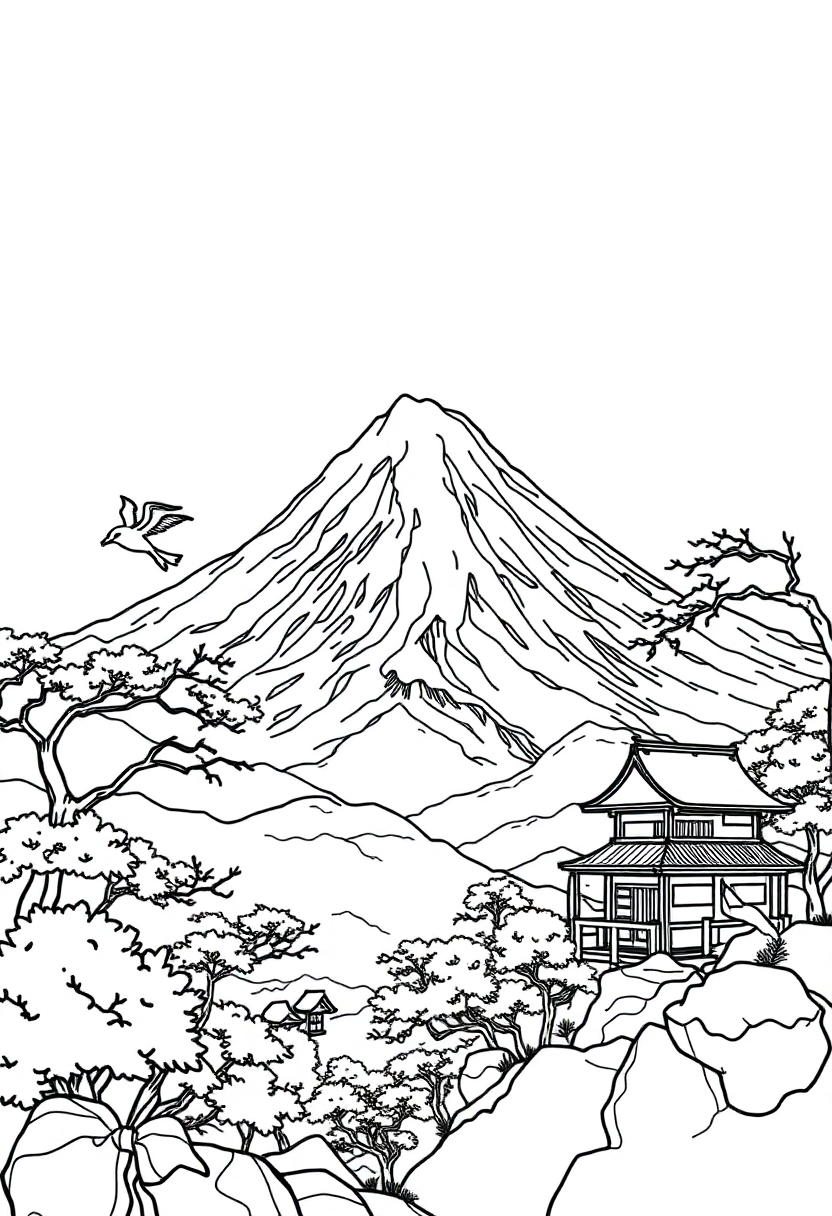 Mount Fuji Landscape coloring page, free printable