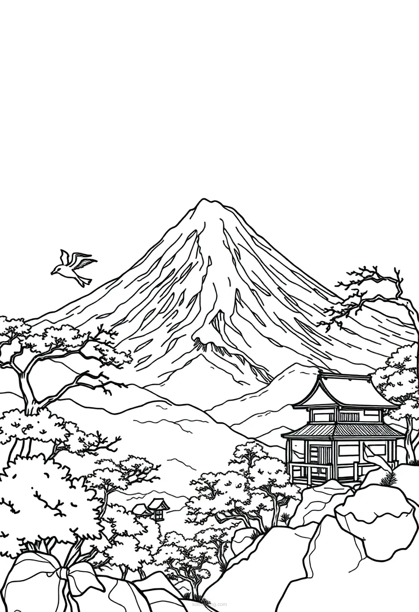 Mount Fuji Landscape coloring page for kids
