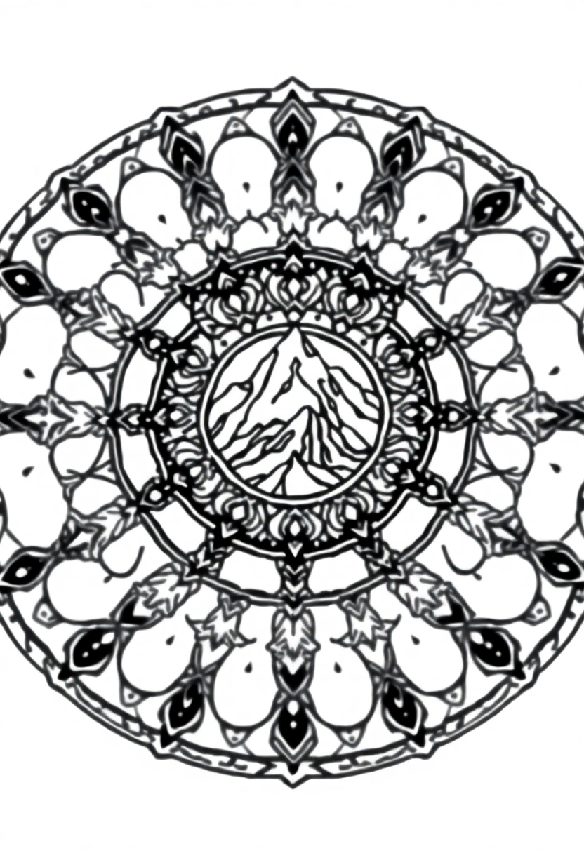 Mountain Landscape Mandala coloring page for kids