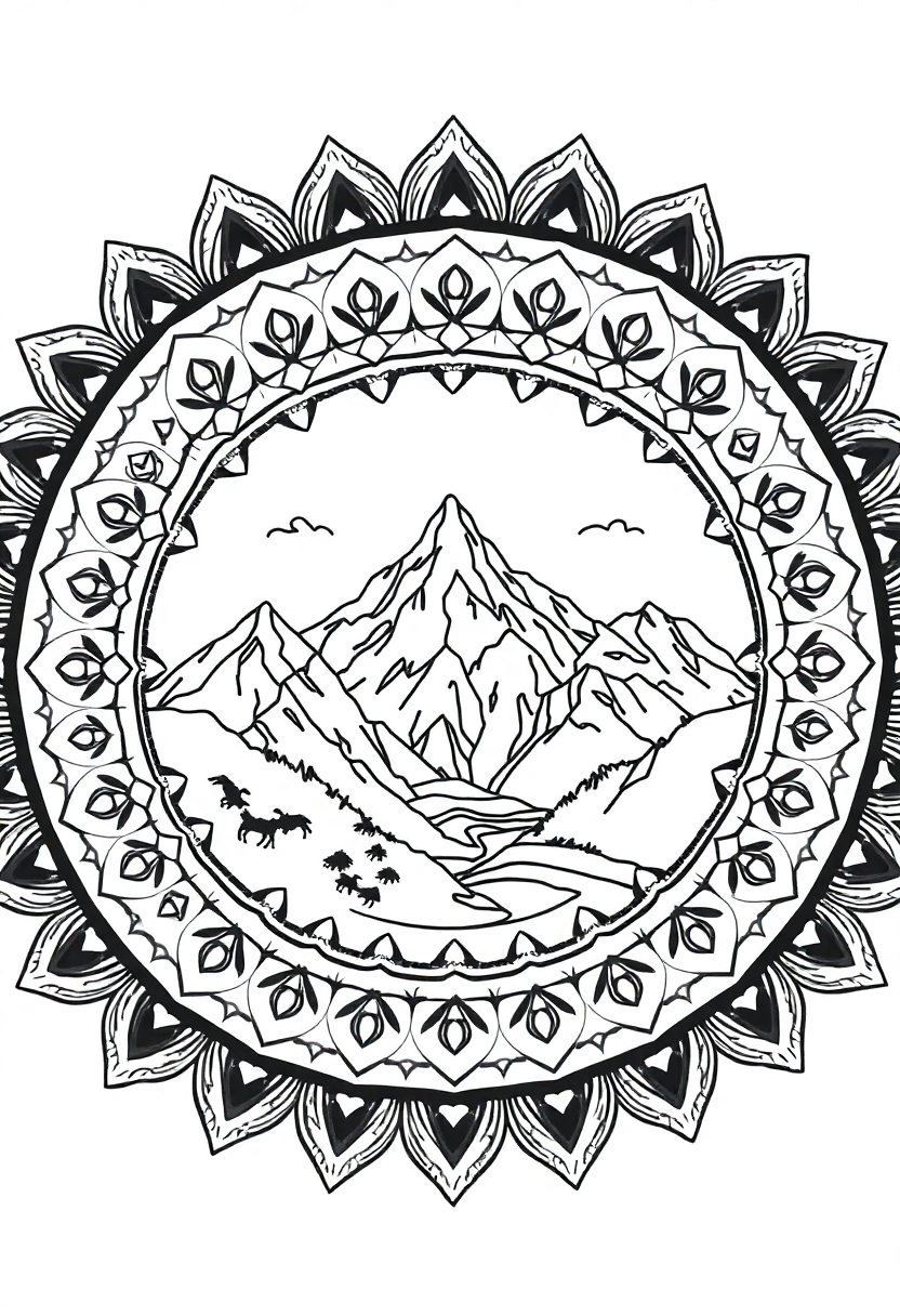 Mountain Landscape Mandala coloring page for kids