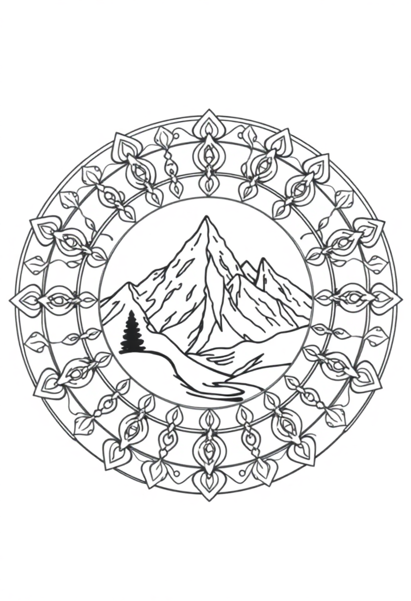Mountain Landscape Mandala coloring page for kids