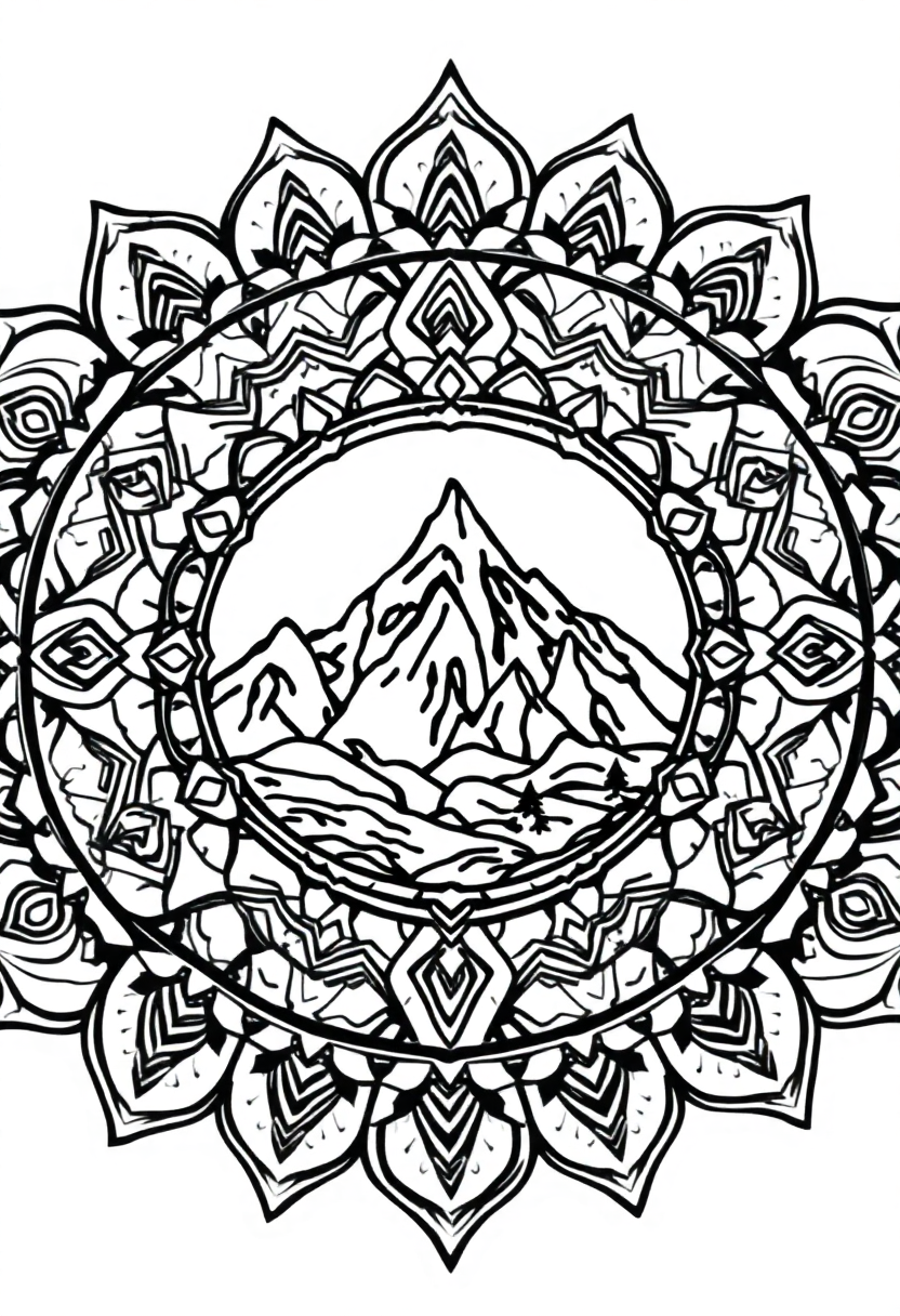 Mountain Landscape Mandala coloring page for kids