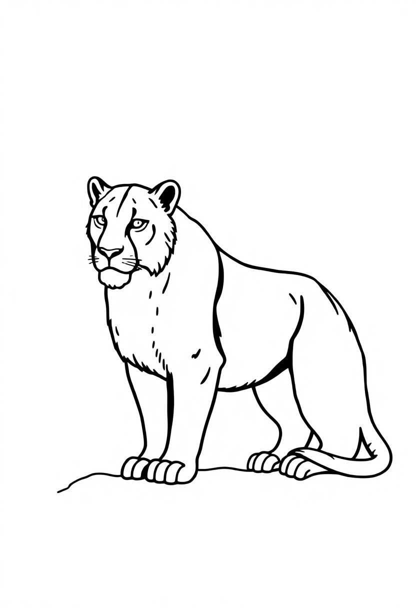 Simple mountain lion coloring page showing a majestic big cat with bold black outlines, perfect for kids to print and color
