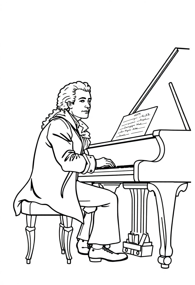 Mozart at Piano coloring page, free printable
