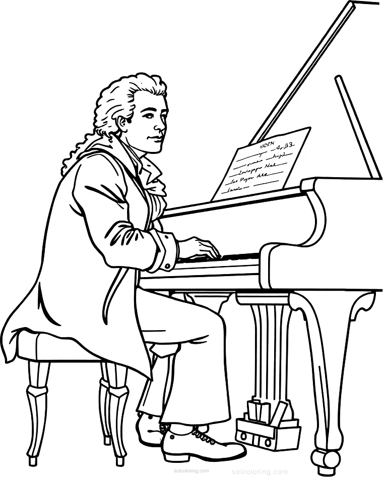 Mozart at Piano coloring page for kids