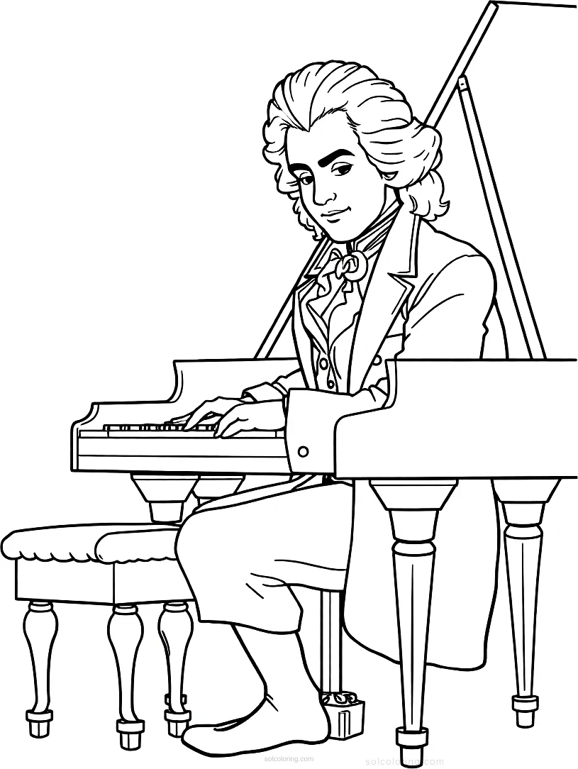 Mozart at Piano coloring page for kids
