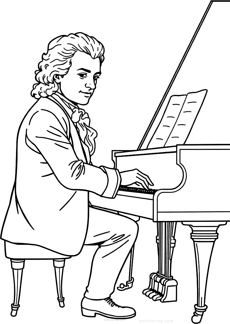 Mozart at Piano coloring page for kids