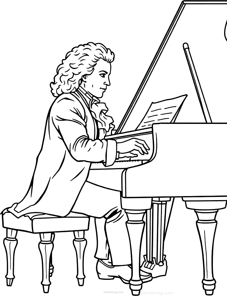 Mozart at Piano coloring page for kids