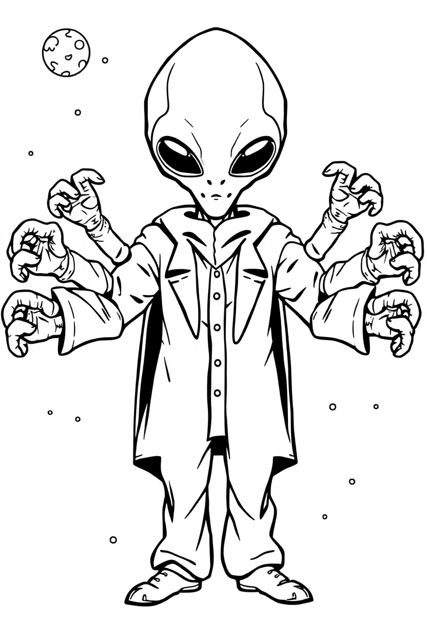 Multi-Armed Alien Scientist coloring page, free printable