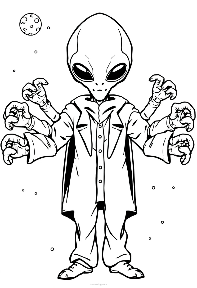 Multi-Armed Alien Scientist coloring page for kids