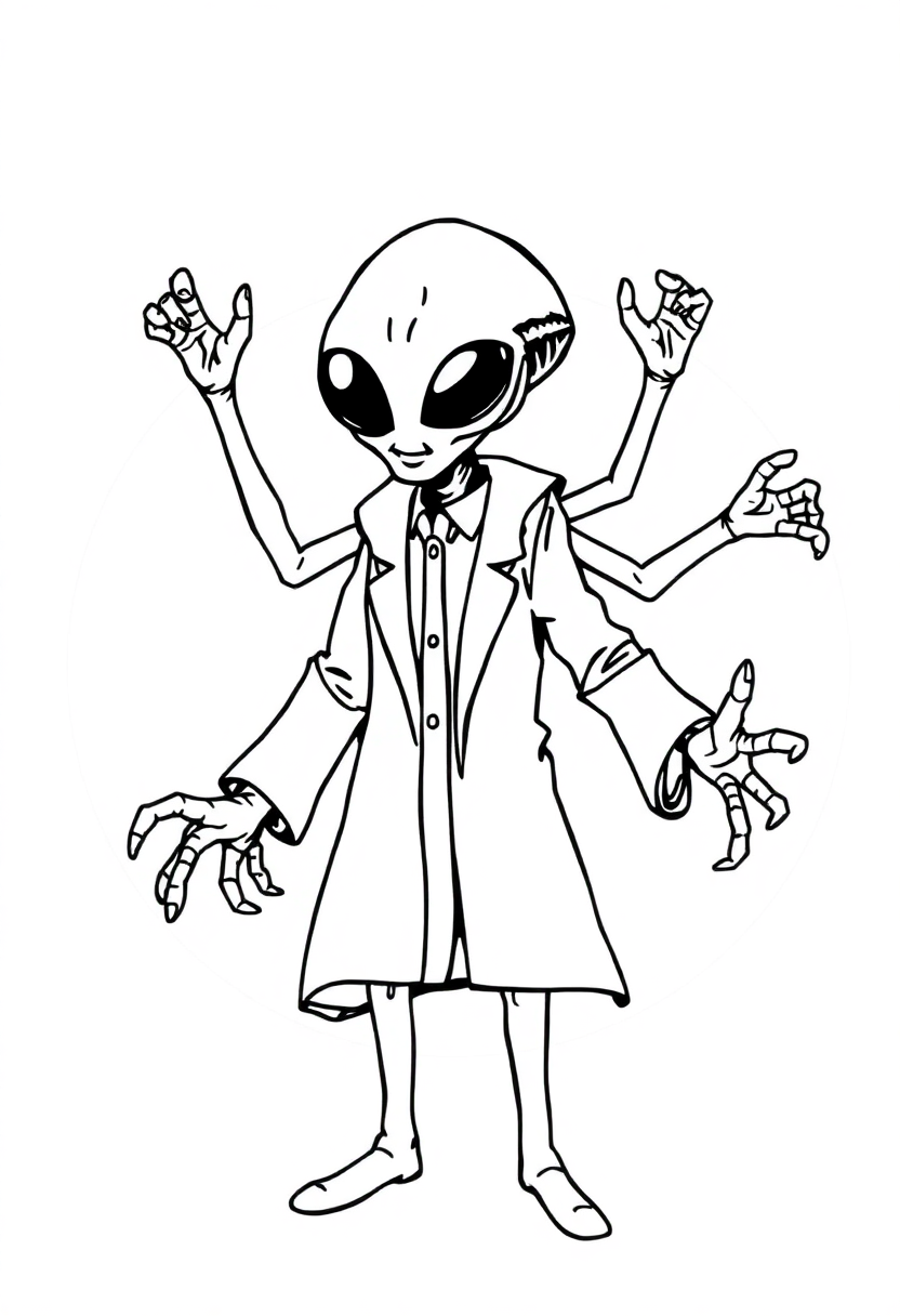 Multi-Armed Alien Scientist coloring page, free printable