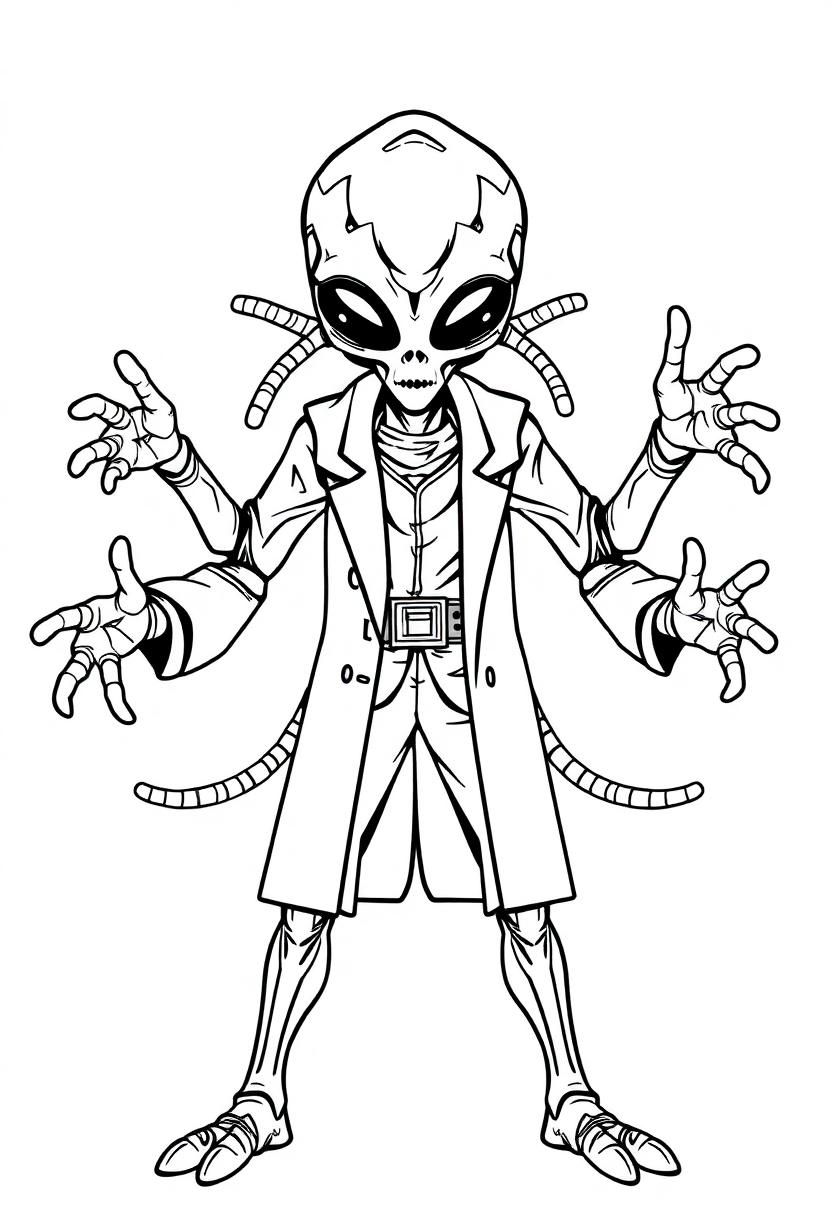 Multi-Armed Alien Scientist coloring page, free printable