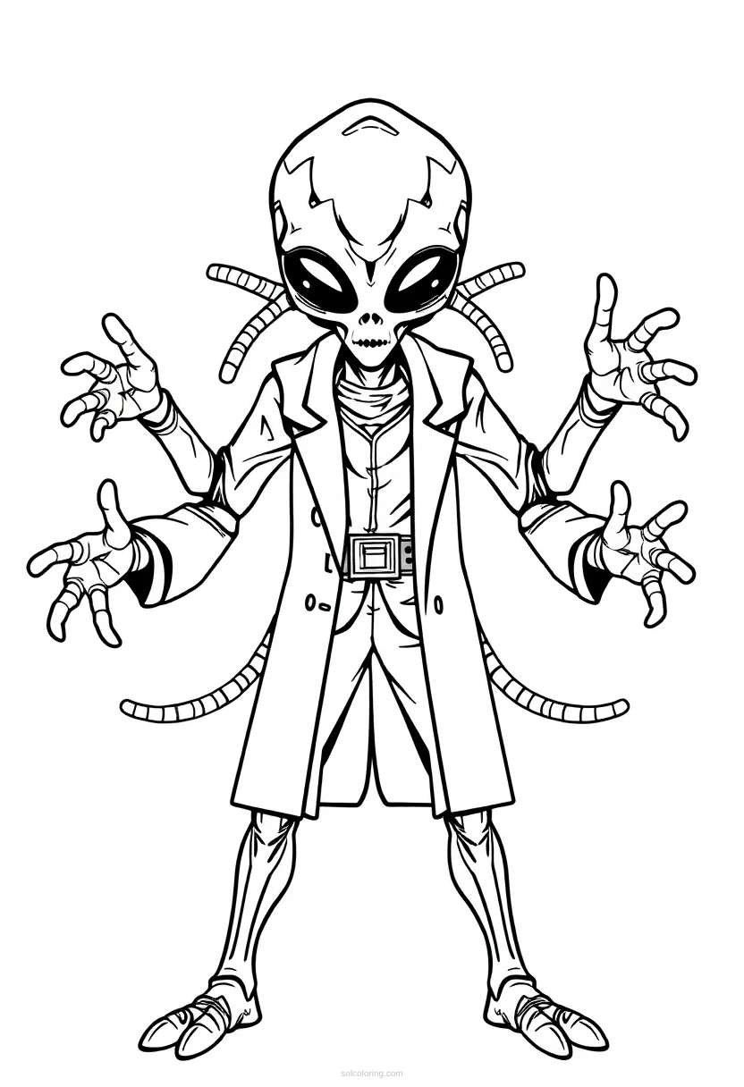 Multi-Armed Alien Scientist coloring page for kids