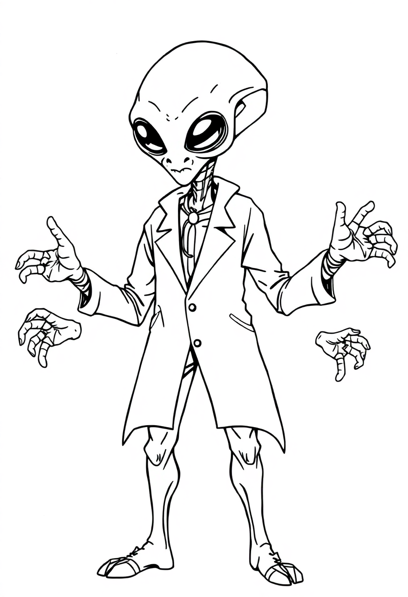 Multi-Armed Alien Scientist coloring page, free printable