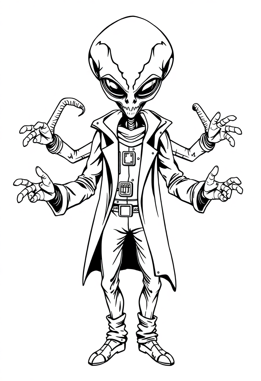 Multi-Armed Alien Scientist coloring page, free printable