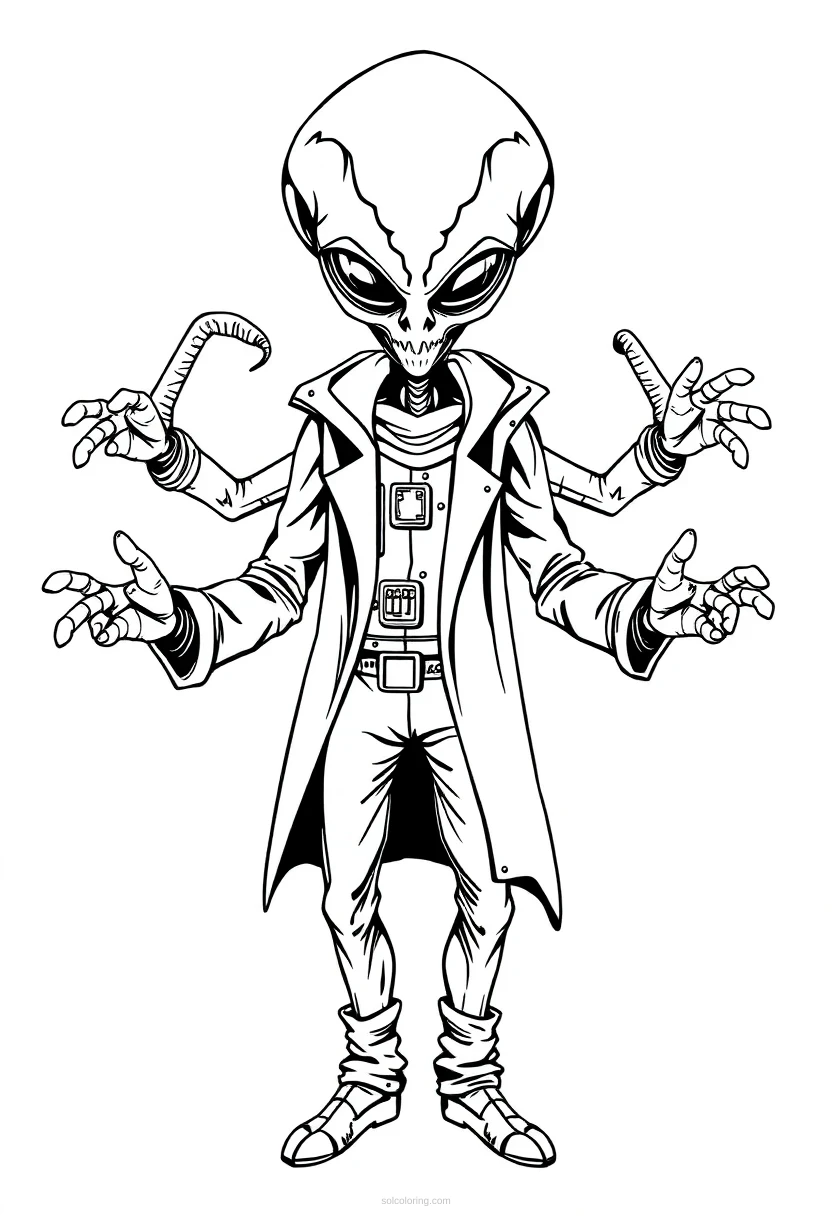 Multi-Armed Alien Scientist coloring page for kids