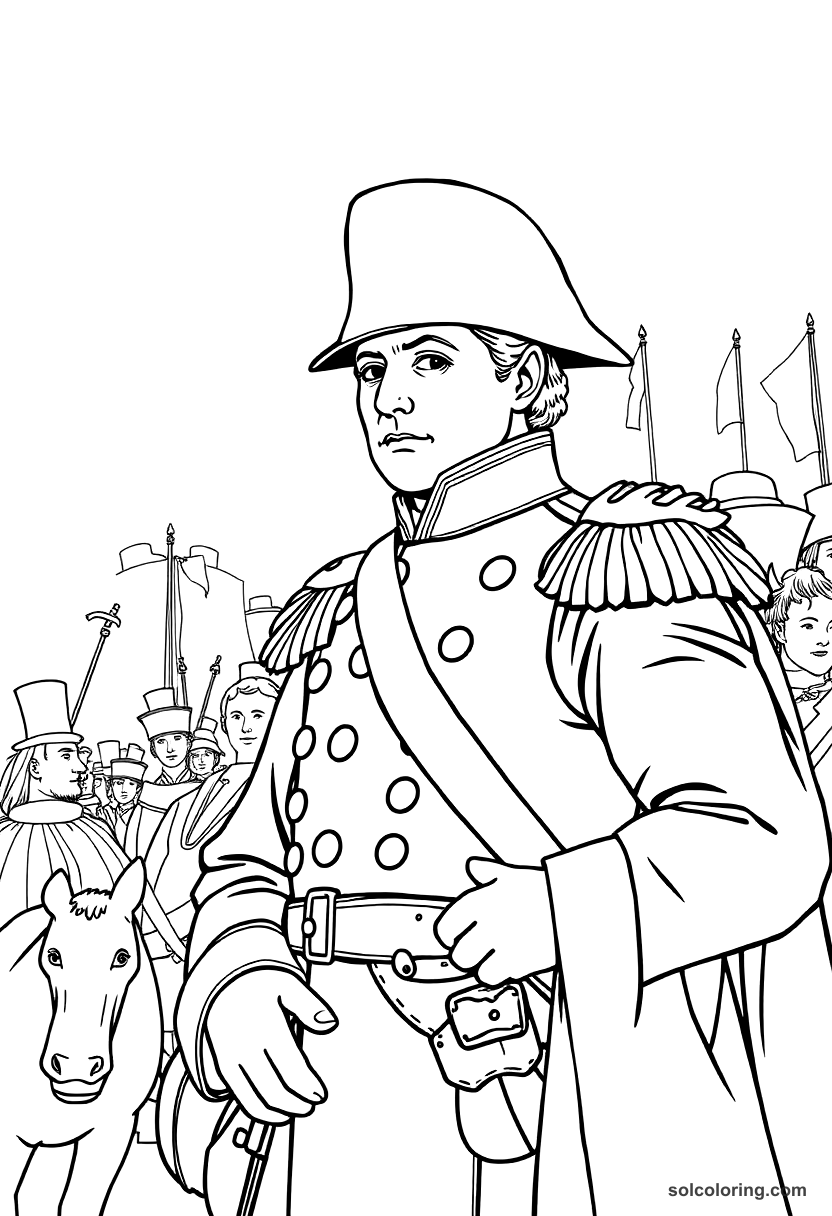 Napoleon Bonaparte at Waterloo coloring page, free printable detailed style