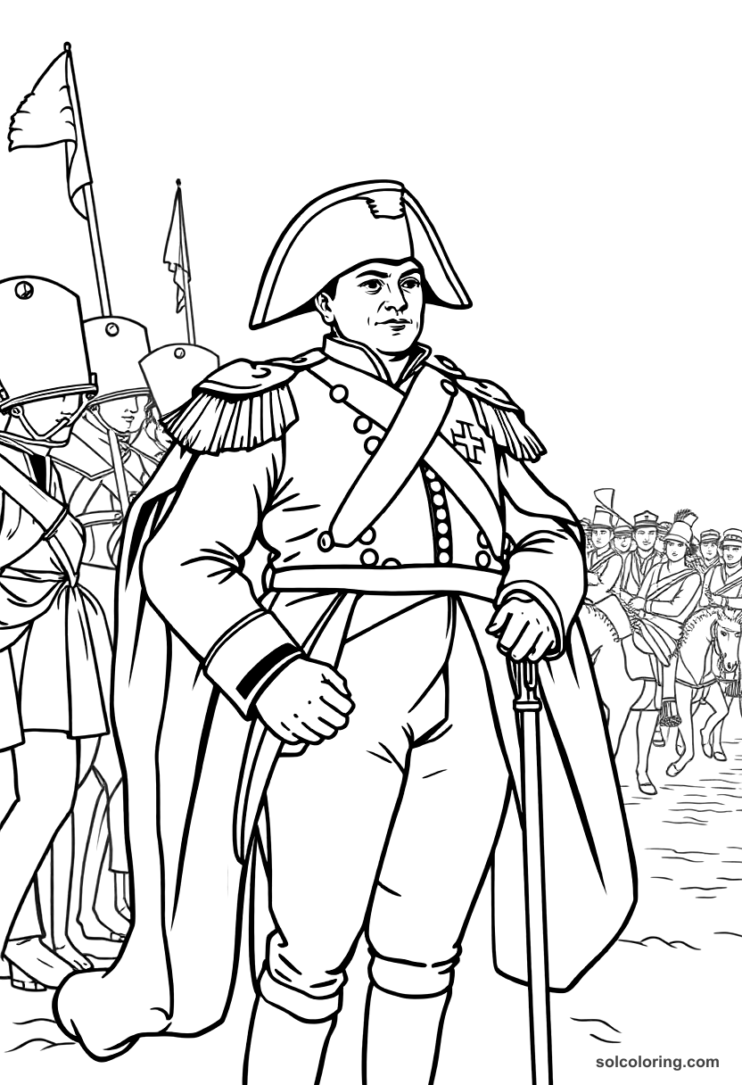 Napoleon Bonaparte at Waterloo coloring page, free printable realistic style