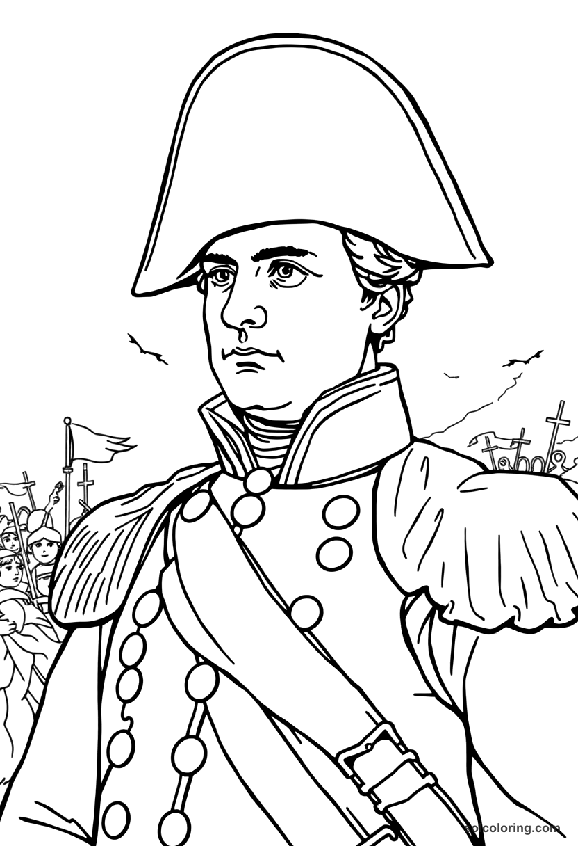 Napoleon's Battle of Waterloo coloring page, free printable detailed style
