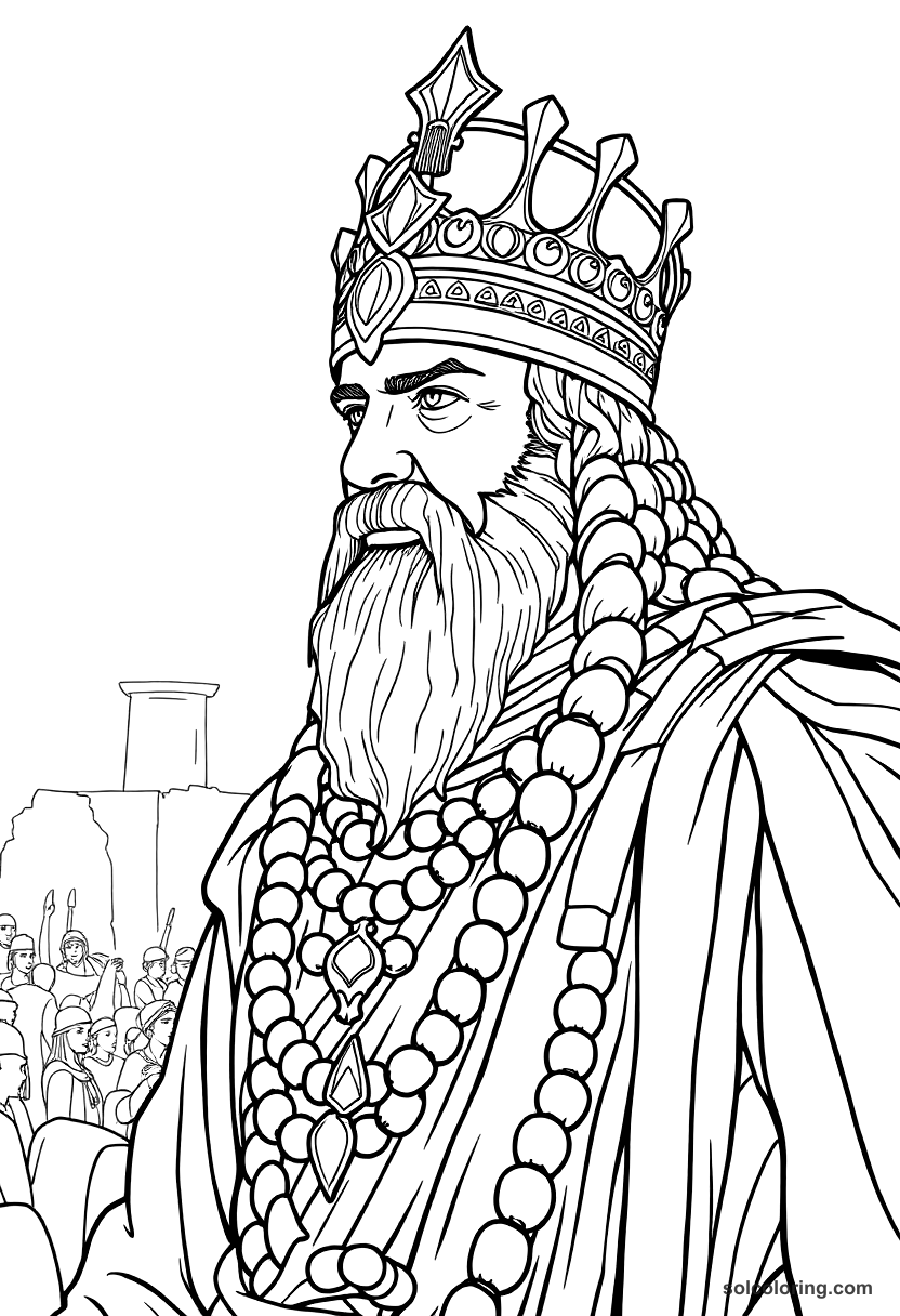 Nebuchadnezzar II in Babylon coloring page, free printable detailed style