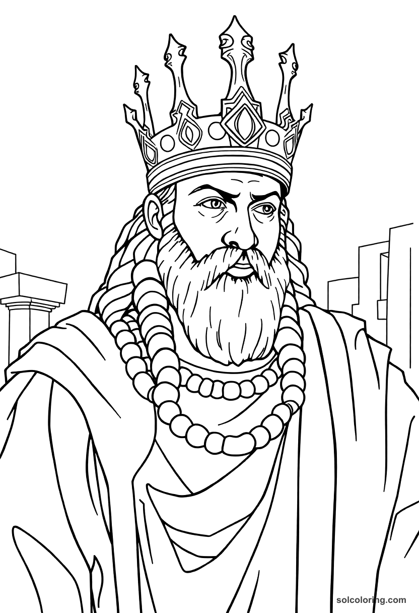 Nebuchadnezzar II in Babylon coloring page, free printable realistic style