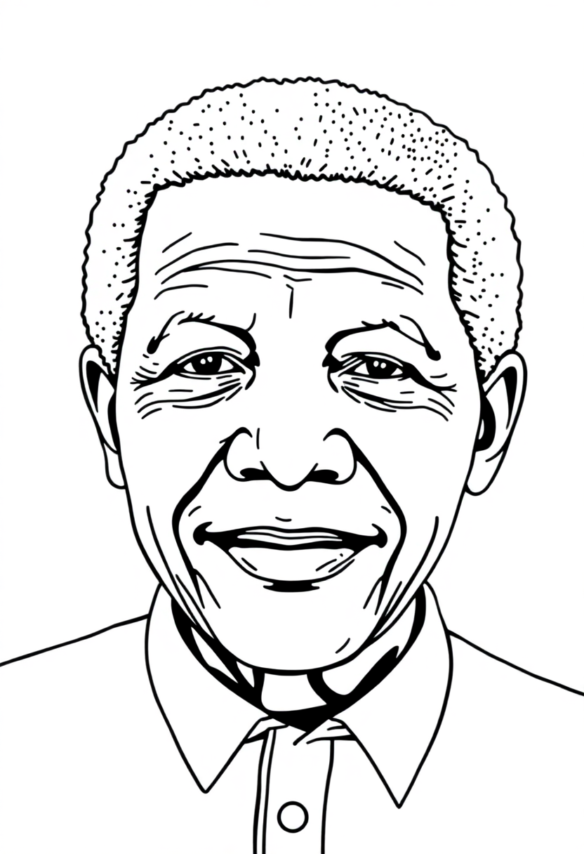 Nelson Mandela portrait coloring page showing the smiling South African leader in cute cartoon style with bold black outlines