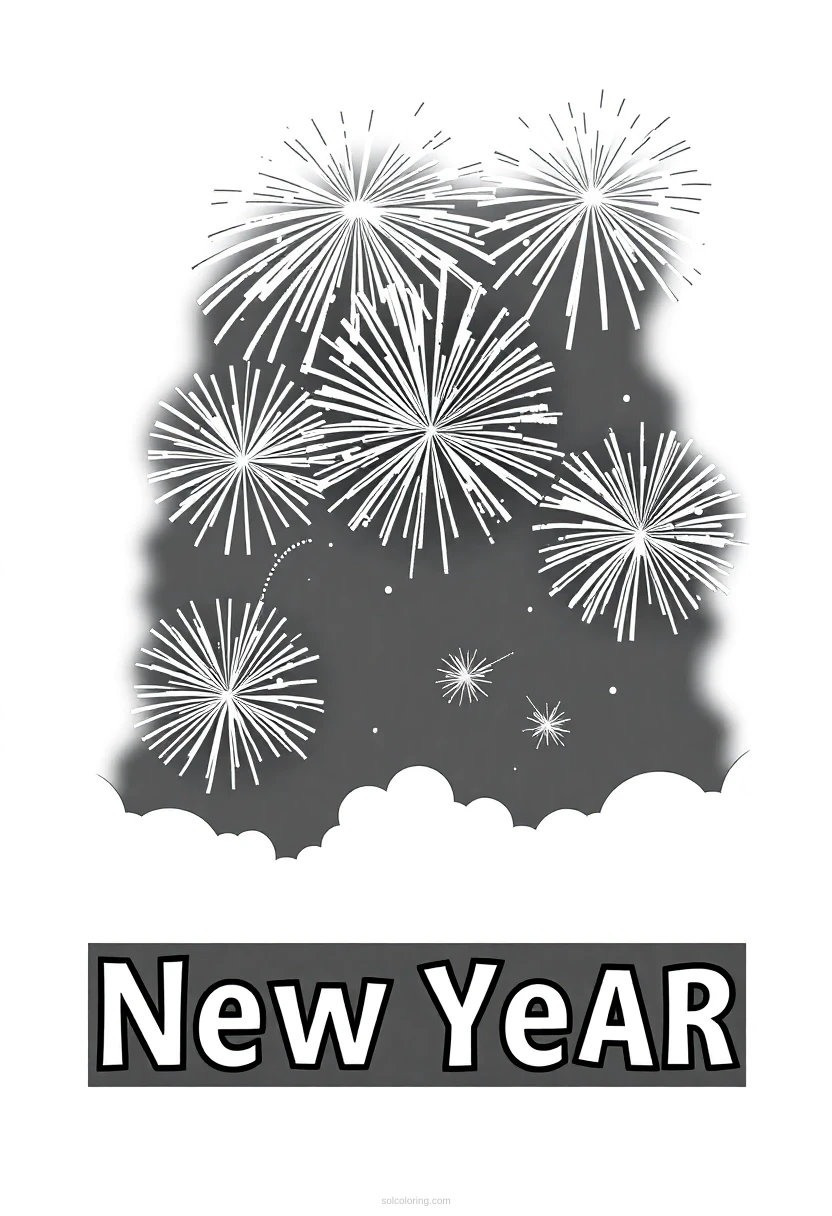 New Year Fireworks coloring page for kids