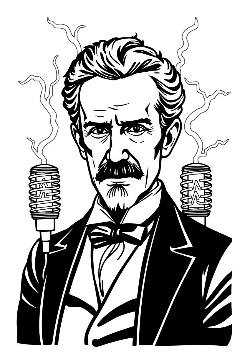 Chibi-style Nikola Tesla coloring page with electric coils and lightning bolts, featuring bold outlines for easy coloring