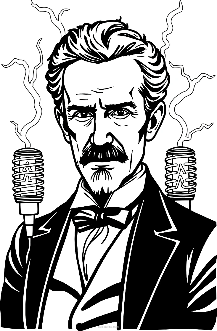 Nikola Tesla with Electric Coils coloring page for kids