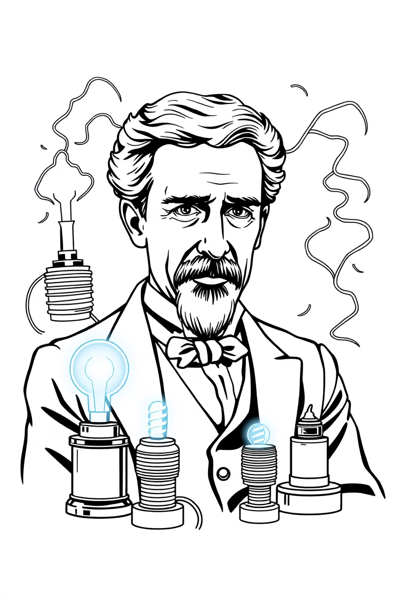 Nikola Tesla with Electric Coils coloring page, free printable