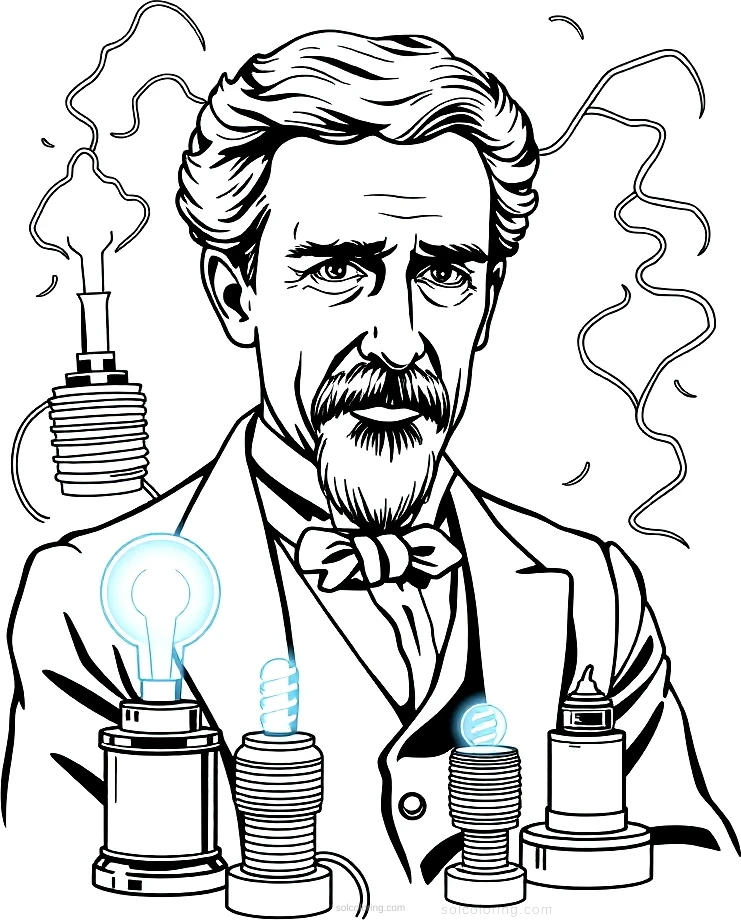 Nikola Tesla With Electric Coils coloring page for kids