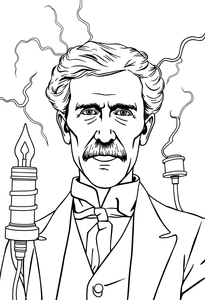 Nikola Tesla with Electric Coils coloring page, free printable