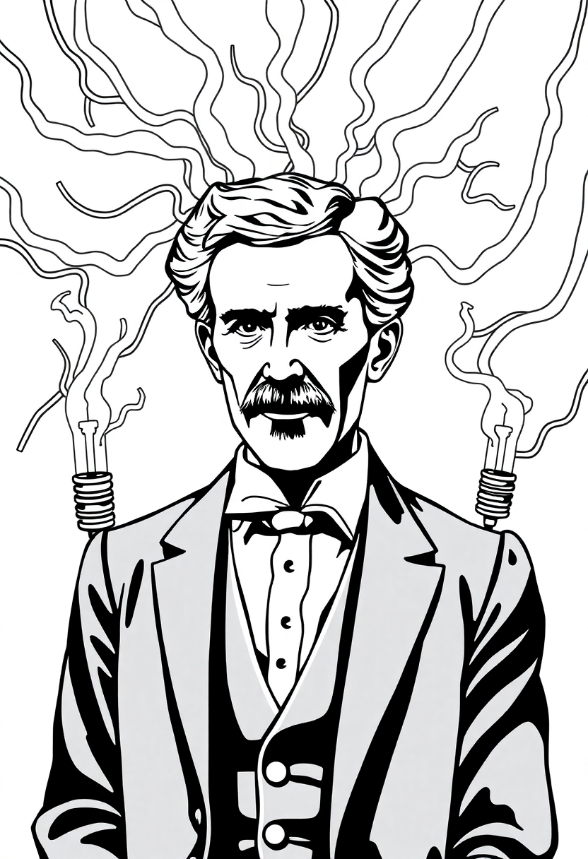 Nikola Tesla with Electric Coils coloring page, free printable