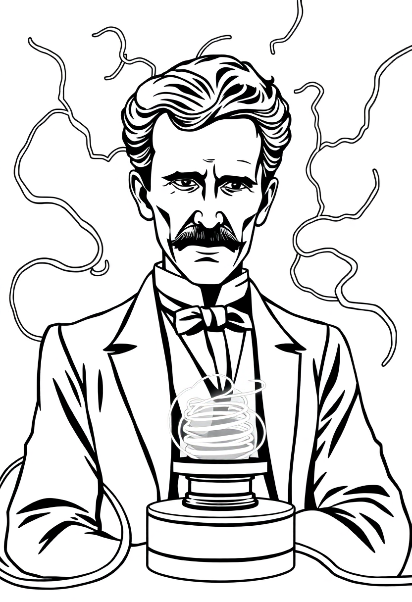 Nikola Tesla with Electric Coils coloring page, free printable