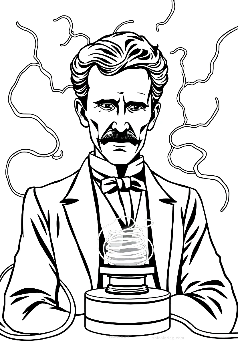 Nikola Tesla With Electric Coils coloring page for kids