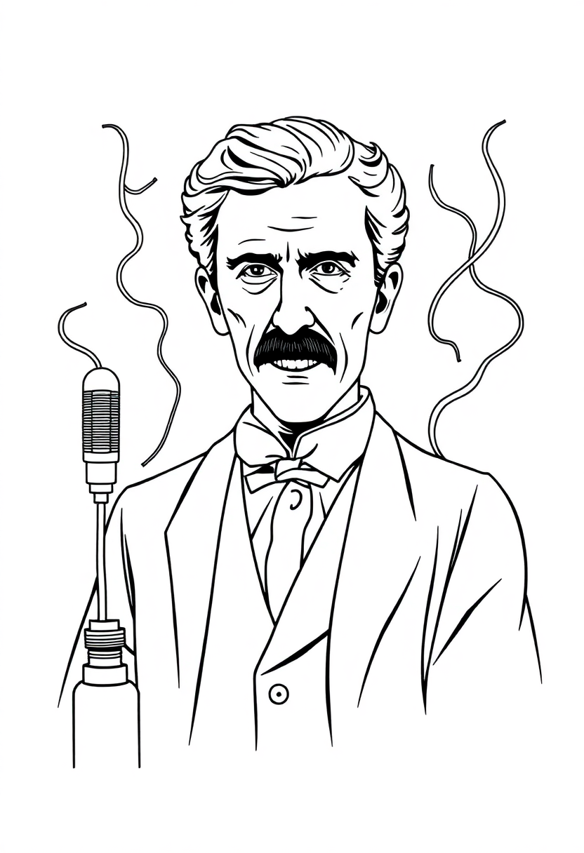 Nikola Tesla with Electric Coils coloring page, free printable
