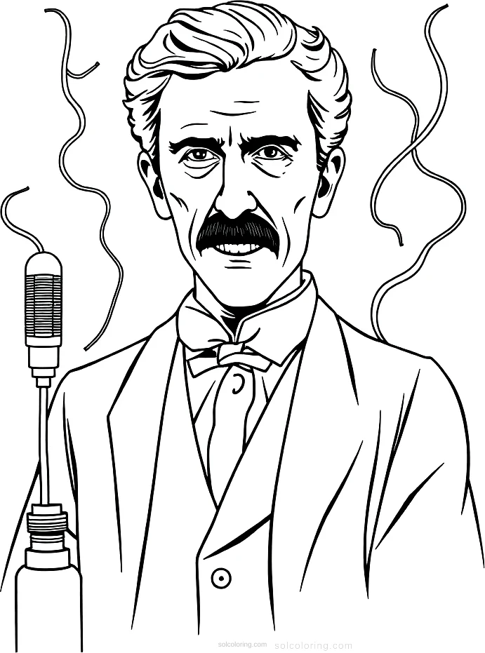 Nikola Tesla with Electric Coils coloring page for kids