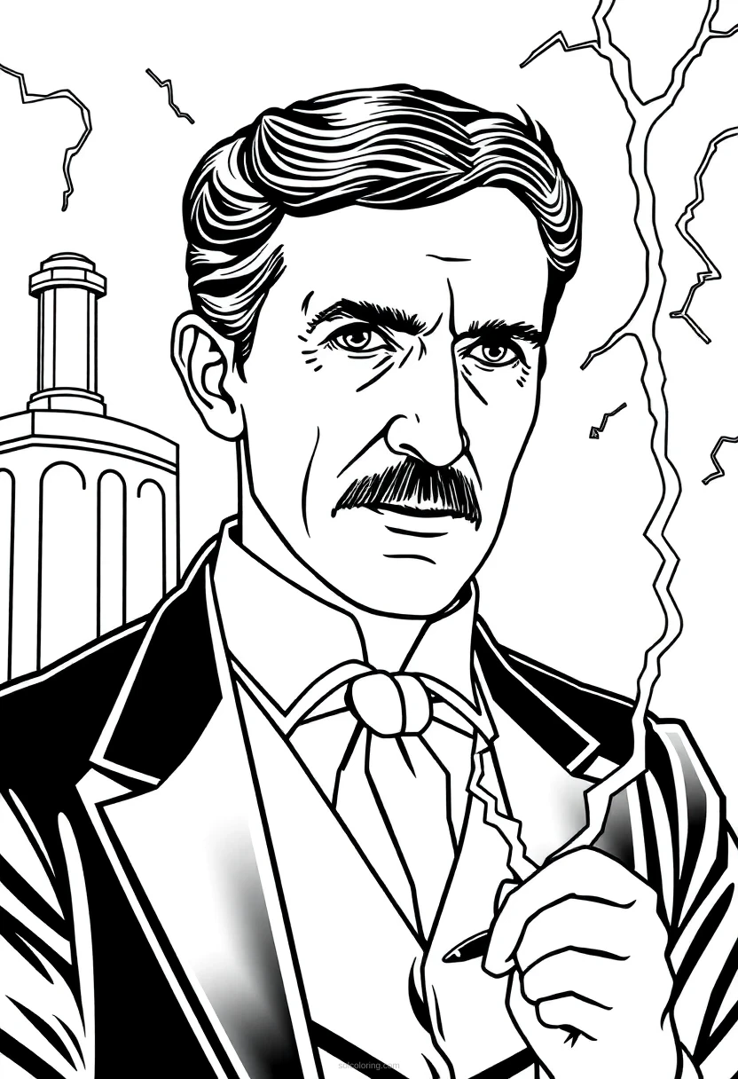 Nikola Tesla with Lightning and Inventions coloring page for kids