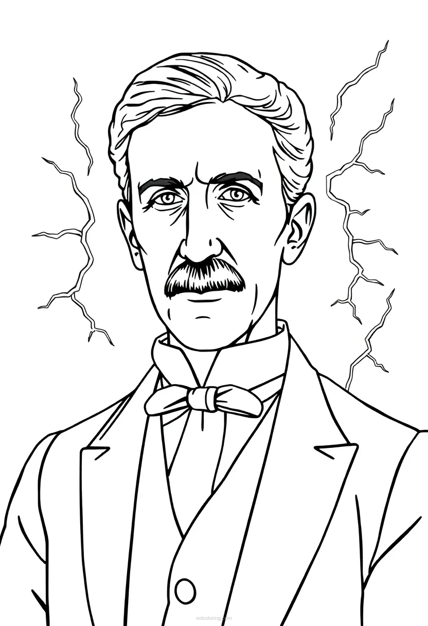 Nikola Tesla with Lightning and Inventions coloring page for kids
