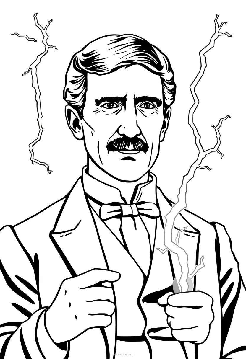 Nikola Tesla with Lightning and Inventions coloring page for kids