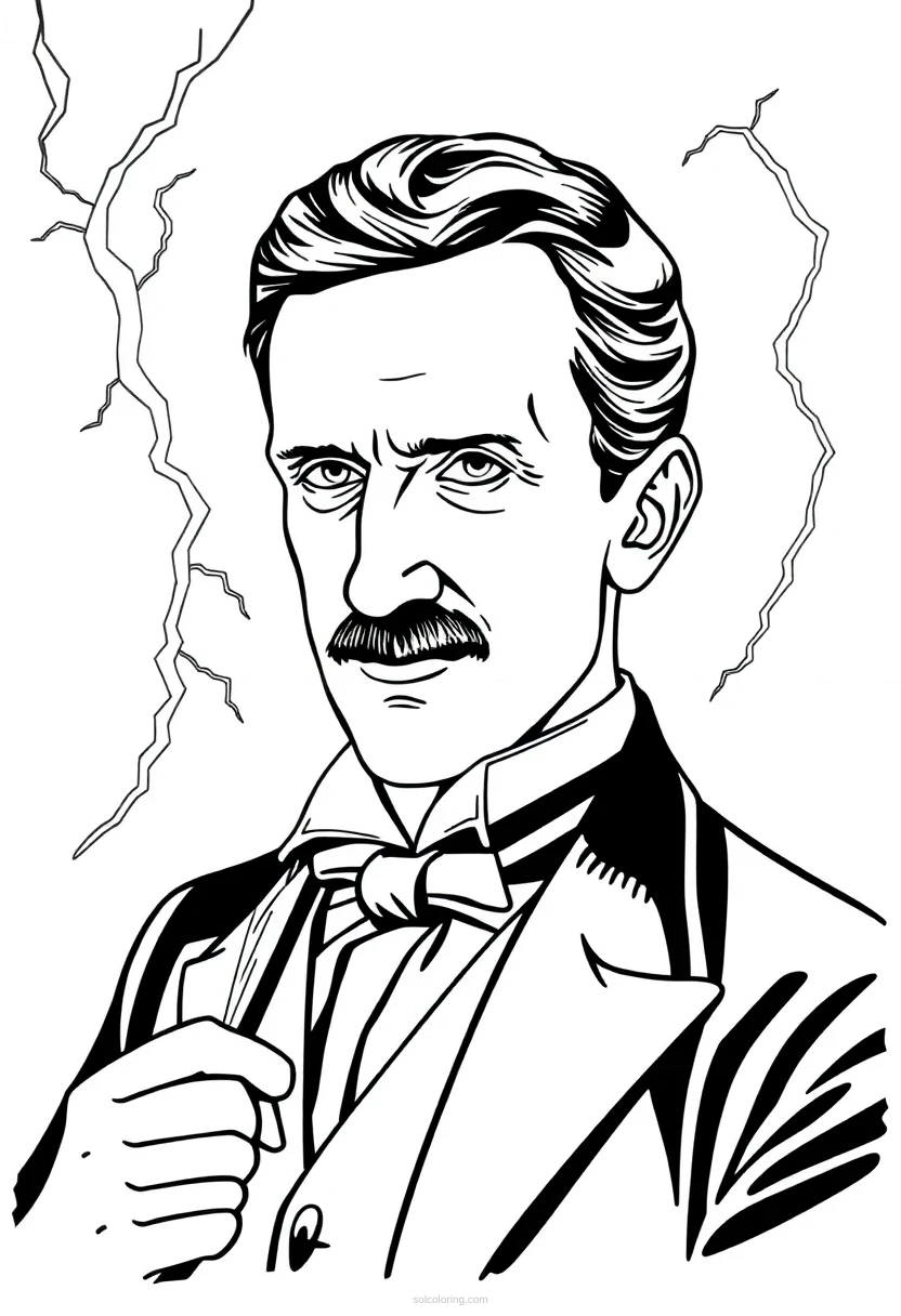 Nikola Tesla with Lightning and Inventions coloring page for kids