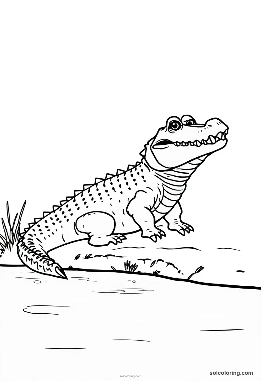 Chibi Nile Crocodile Basking on a Riverbank chibi coloring page for kids