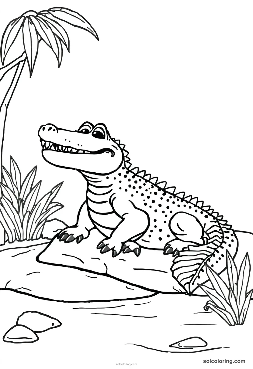 Cute Cartoon Nile Crocodile Basking on a Riverbank cute cartoon coloring page for kids